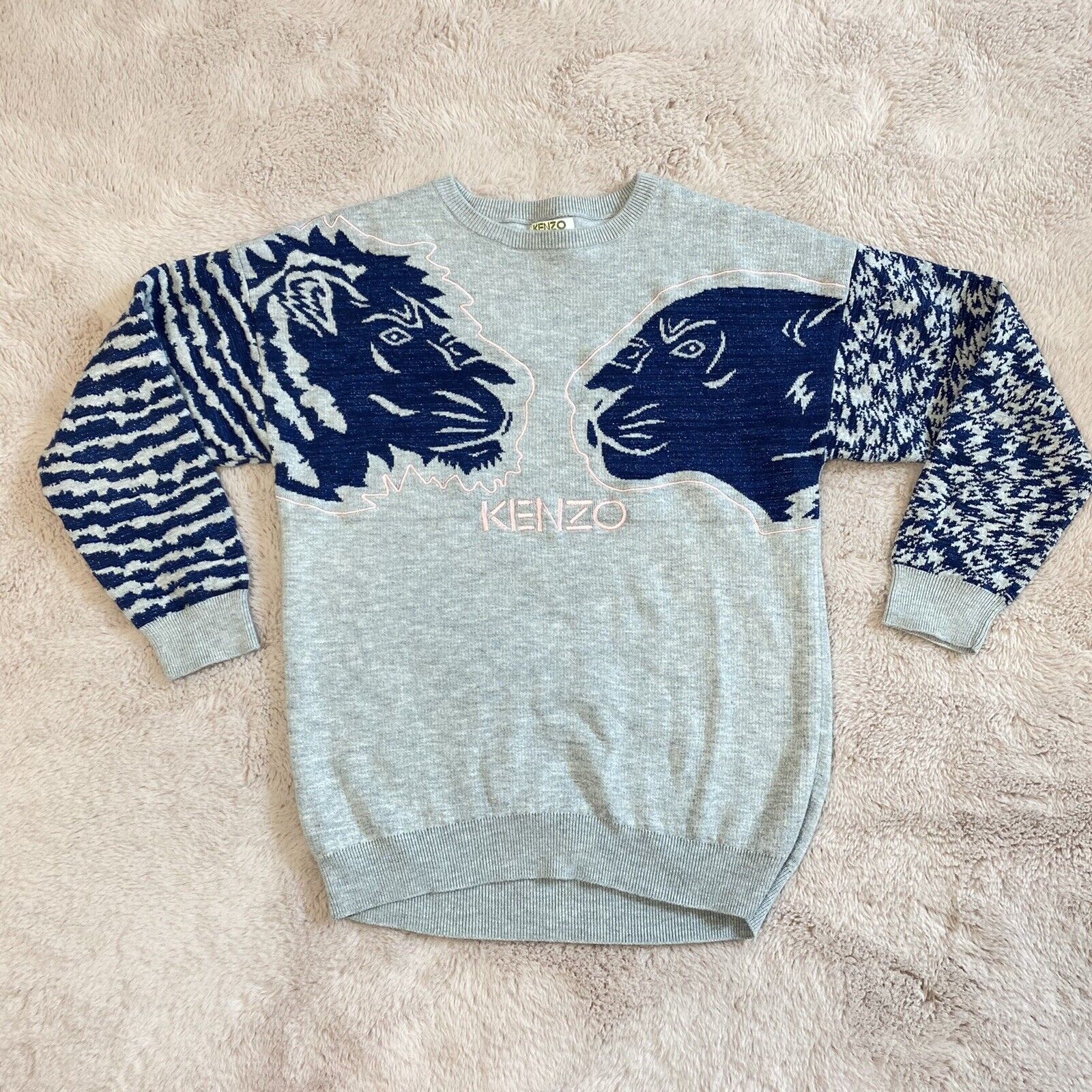 Kenzo Kids Sweater Girls Size 10 Fighting Tiger Stripes Leopard Blue Sparkles