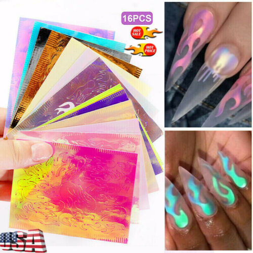 Us 16pcs Holographic Fire Flame Hollow Stickers Fires Stickers Manicure Nail Art