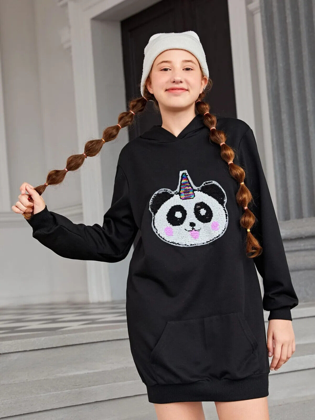Girls Sequin 3d Ears Panda Sweater Dress Select Your Size