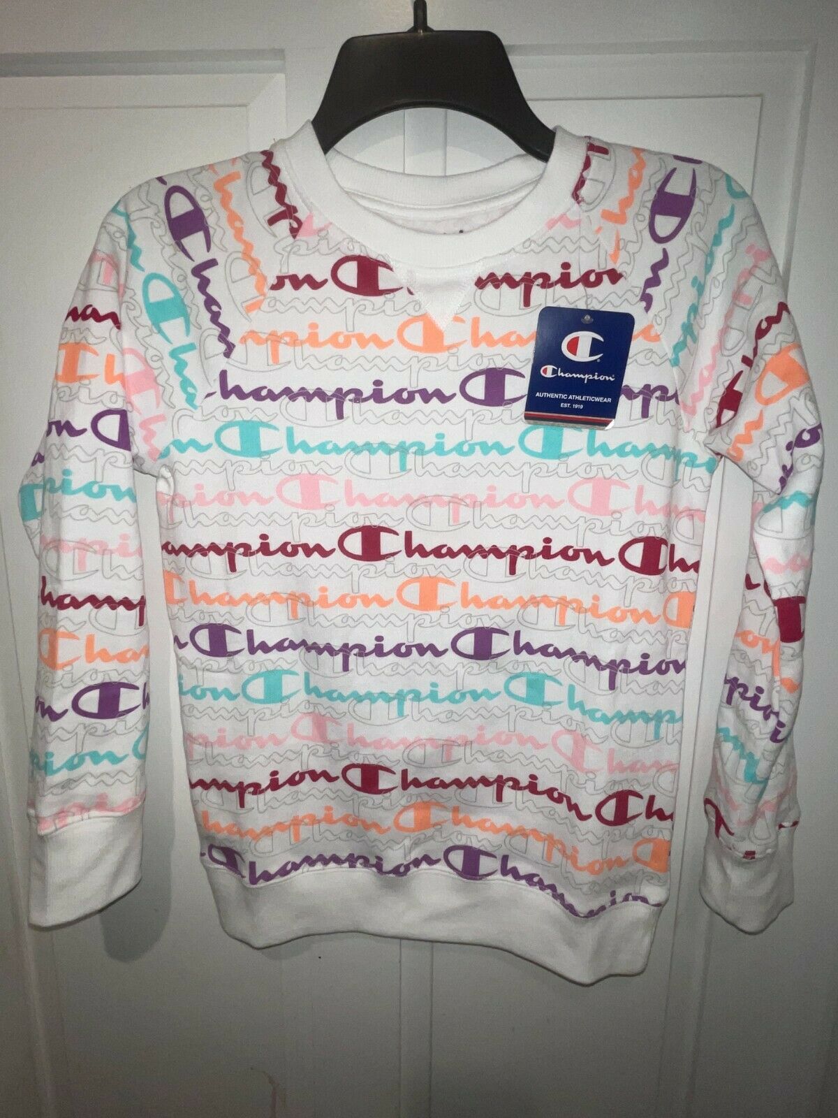 Girl's Champion Aop Script Sweatshirt Long Sleeve White Multi Color Size Med Nwt