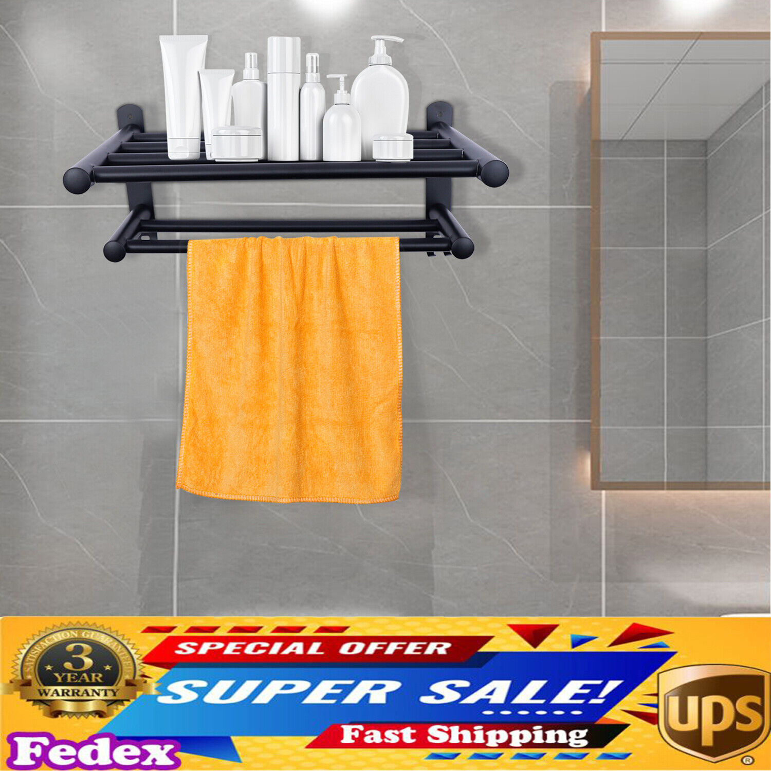 Bathroom Towel Rack Stainless Steel Hotel Style Wall-mount Holder Hanging Shelf